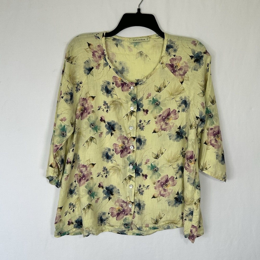 CUT LOOSE Floral Linen Blouse Top Lagenlook Watercolor Button 3/4 Sleeve Yellow